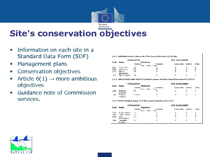 Site's conservation objectives • Information on each site in a Standard Data Form (SDF)