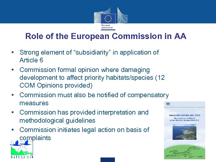 Role of the European Commission in AA • Strong element of “subsidiarity” in application