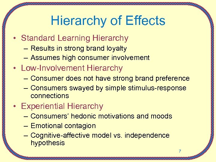 Hierarchy of Effects • Standard Learning Hierarchy – Results in strong brand loyalty –