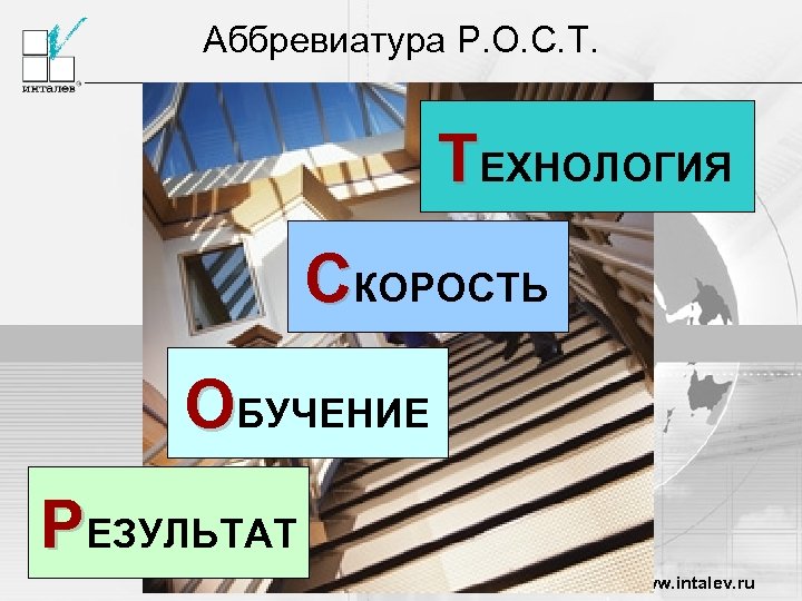 Аббревиатура Р. О. С. Т. ТЕХНОЛОГИЯ СКОРОСТЬ ОБУЧЕНИЕ РЕЗУЛЬТАТ www. intalev. ru 