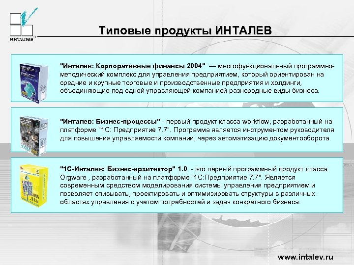 Типовые продукты ИНТАЛЕВ 