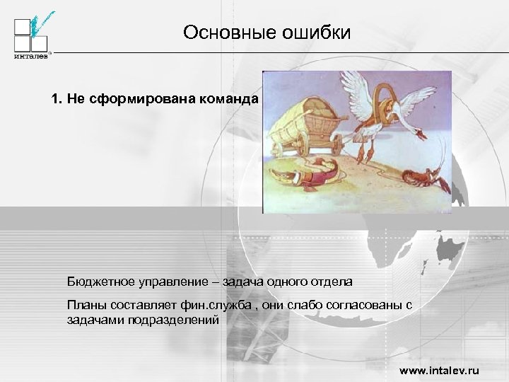 Основные ошибки 1. Не сформирована команда Бюджетное управление – задача одного отдела Планы составляет