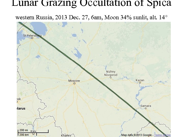 Lunar Grazing Occultation of Spica western Russia, 2013 Dec. 27, 6 am, Moon 34%