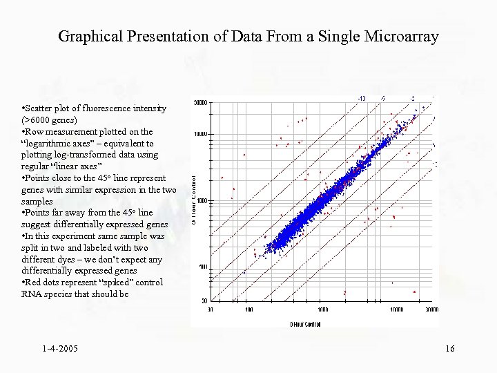 Graphical Presentation of Data From a Single Microarray • Scatter plot of fluorescence intensity