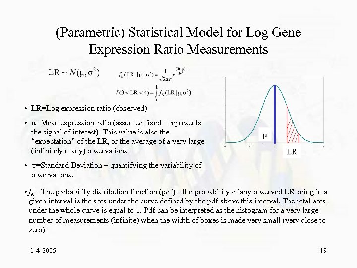 (Parametric) Statistical Model for Log Gene Expression Ratio Measurements • LR=Log expression ratio (observed)