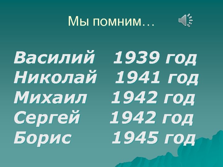 Мы помним… Василий Николай Михаил Сергей Борис 1939 год 1941 год 1942 год 1945