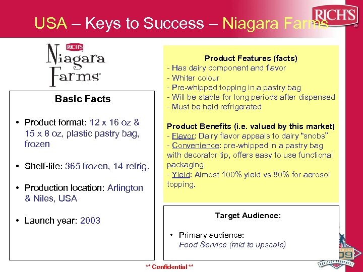 USA – Keys to Success – Niagara Farms Product Features (facts) - Has dairy