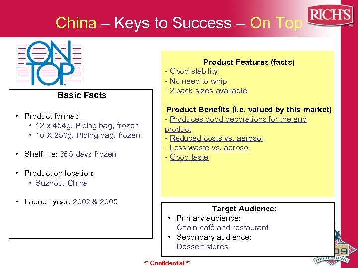 China – Keys to Success – On Top Basic Facts • Product format: •