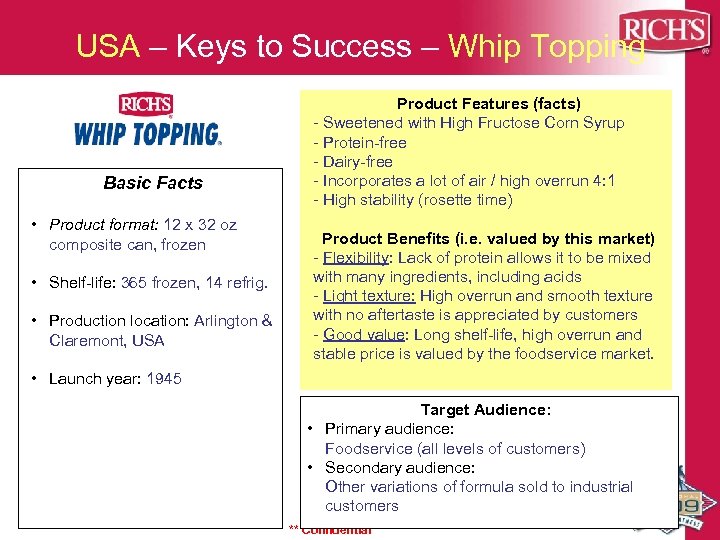 USA – Keys to Success – Whip Topping Basic Facts • Product format: 12