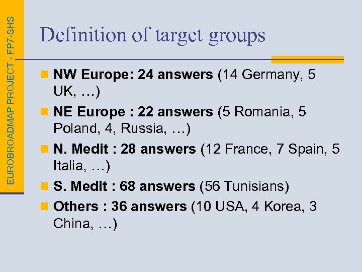 EUROBROADMAP PROJECT - FP 7 -SHS Definition of target groups n NW Europe: 24