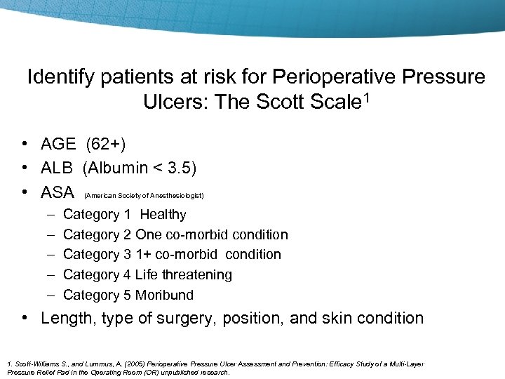 Identify patients at risk for Perioperative Pressure Ulcers: The Scott Scale 1 • AGE