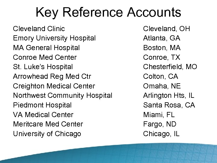 Key Reference Accounts Cleveland Clinic Emory University Hospital MA General Hospital Conroe Med Center