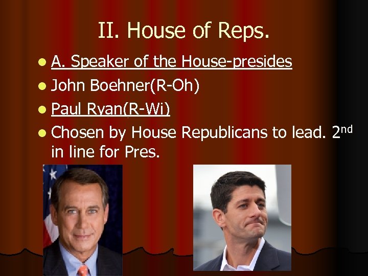 II. House of Reps. l A. Speaker of the House-presides l John Boehner(R-Oh) l