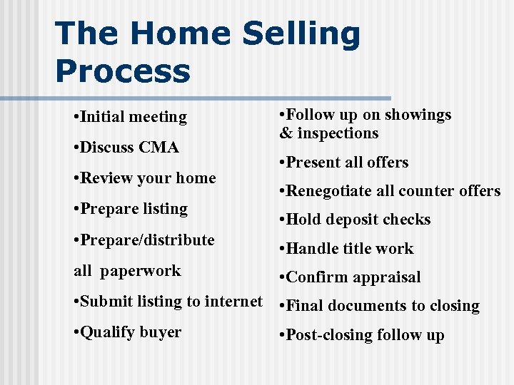 The Home Selling Process • Follow up on showings & inspections • Initial meeting