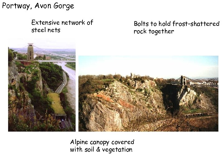 Portway, Avon Gorge Extensive network of steel nets Bolts to hold frost-shattered rock together