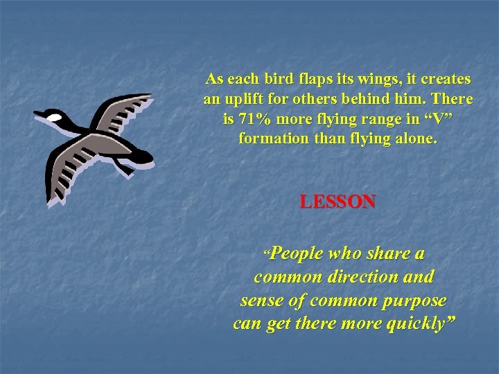 As each bird flaps its wings, it creates an uplift for others behind him.