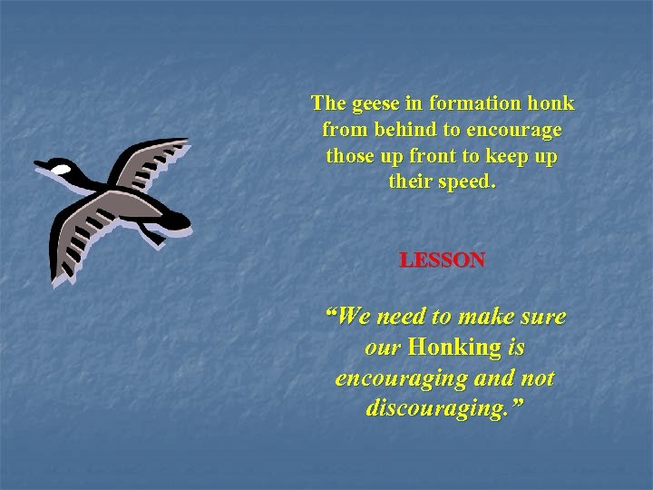 The geese in formation honk from behind to encourage those up front to keep