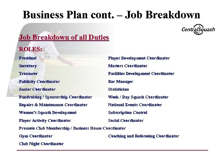 Business Plan cont. – Job Breakdown of all Duties ROLES: President Player Development Coordinator