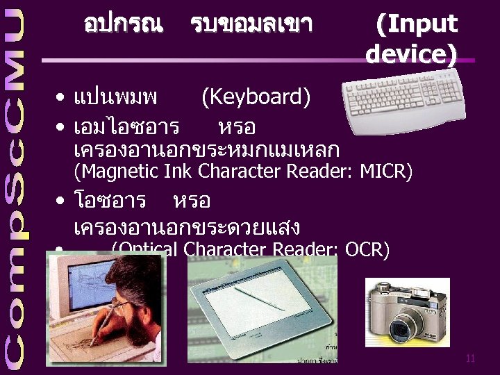 อปกรณ รบขอมลเขา (Input device) • แปนพมพ (Keyboard) • เอมไอซอาร หรอ เครองอานอกขระหมกแมเหลก (Magnetic Ink Character