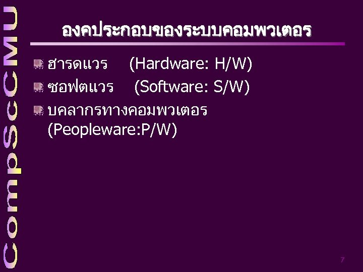 องคประกอบของระบบคอมพวเตอร ฮารดแวร (Hardware: H/W) ซอฟตแวร (Software: S/W) บคลากรทางคอมพวเตอร (Peopleware: P/W) 7 