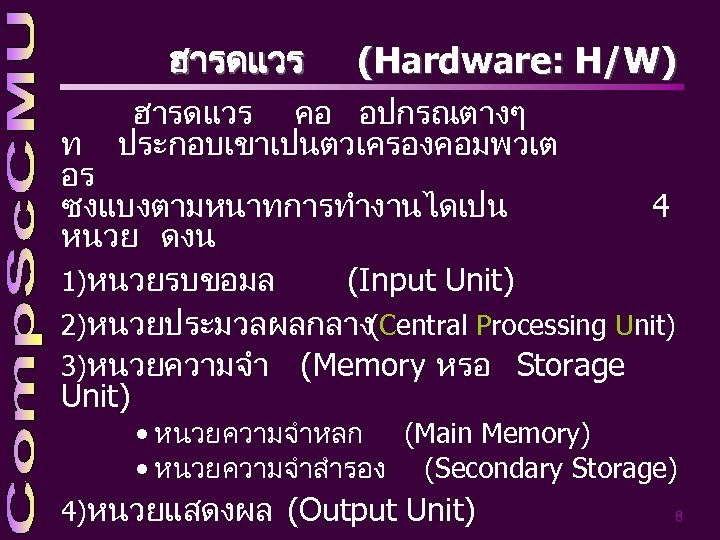 ฮารดแวร (Hardware: H/W) ฮารดแวร คอ อปกรณตางๆ ประกอบเขาเปนตวเครองคอมพวเต ท อร ซงแบงตามหนาทการทำงานไดเปน 4 หนวย ดงน 1)หนวยรบขอมล
