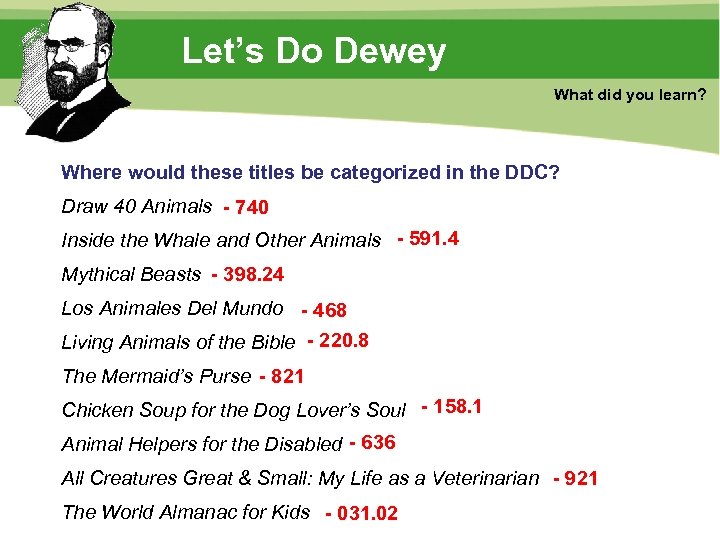 Let’s Do Dewey What did you learn? Where would these titles be categorized in