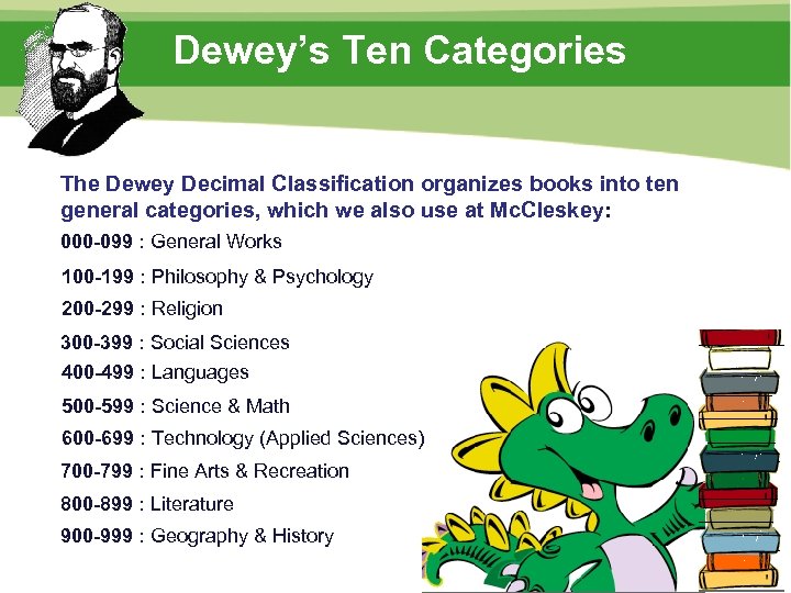 Dewey’s Ten Categories The Dewey Decimal Classification organizes books into ten general categories, which