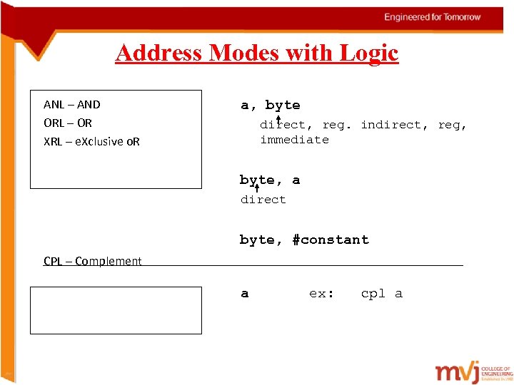 Address Modes with Logic ANL – AND ORL – OR XRL – e. Xclusive