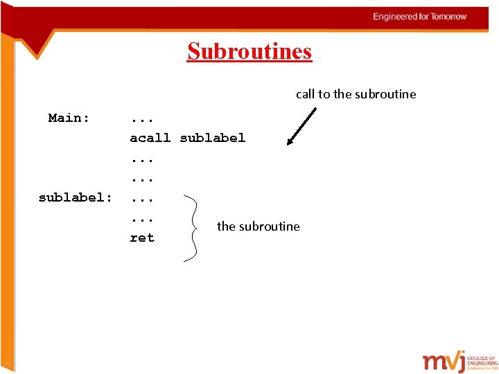 Subroutines call to the subroutine Main: sublabel: . . . acall sublabel. . .