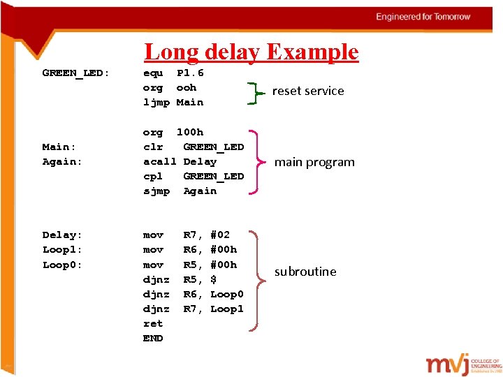 Long delay Example GREEN_LED: Main: Again: Delay: Loop 1: Loop 0: equ P 1.