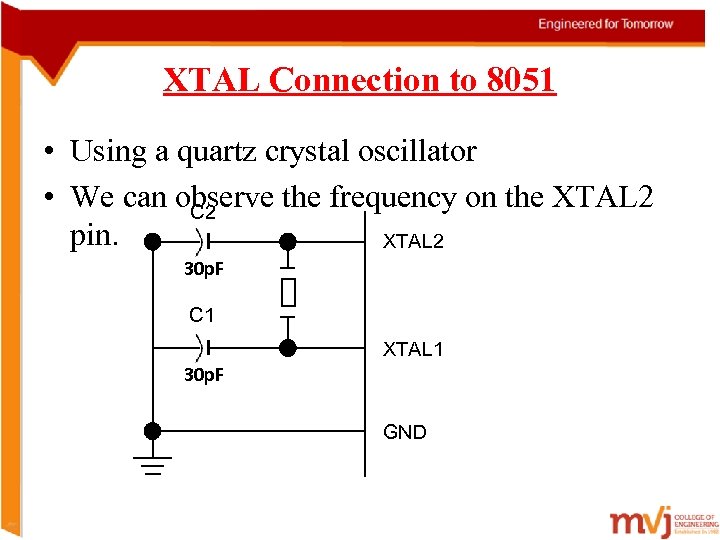 XTAL Connection to 8051 • Using a quartz crystal oscillator • We can observe