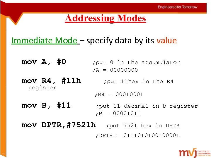 Addressing Modes Immediate Mode – specify data by its value mov A, #0 ;