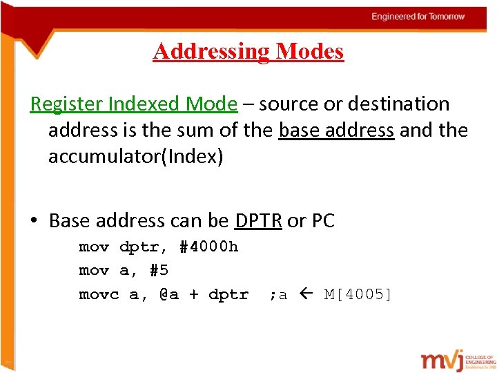 Addressing Modes Register Indexed Mode – source or destination address is the sum of
