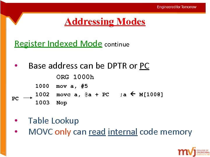 Addressing Modes Register Indexed Mode continue • Base address can be DPTR or PC