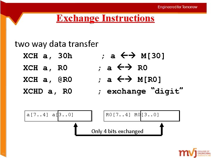 Exchange Instructions two way data transfer XCH a, 30 h XCH a, R 0
