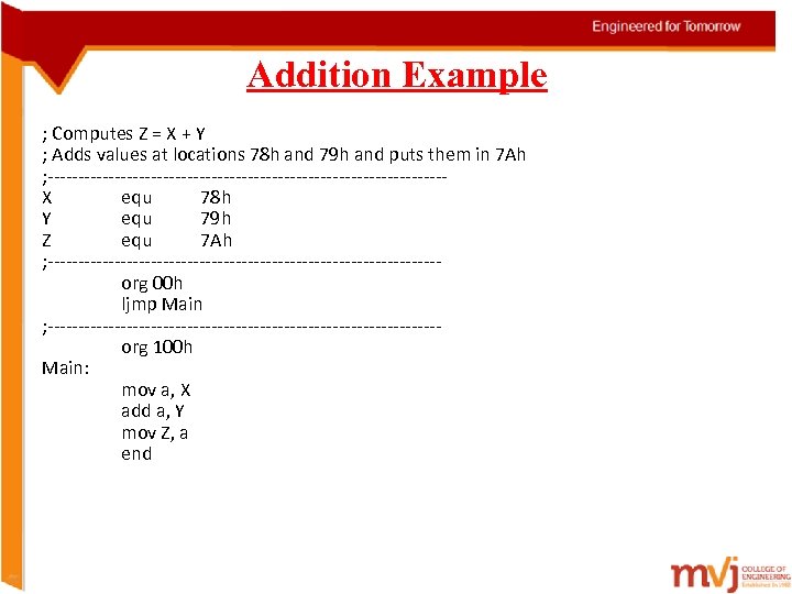 Addition Example ; Computes Z = X + Y ; Adds values at locations