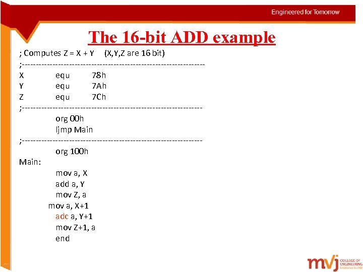 The 16 -bit ADD example ; Computes Z = X + Y (X, Y,
