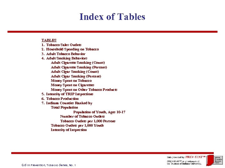 Index of Tables TABLES 1. Tobacco Sales Outlets 2. Household Spending on Tobacco 3.