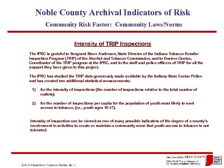 Noble County Archival Indicators of Risk Community Risk Factor: Community Laws/Norms Intensity of TRIP