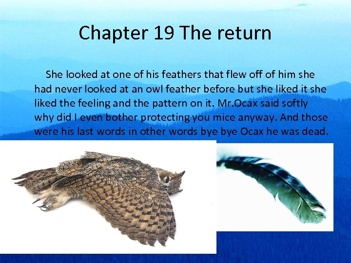 Chapter 19 The return She looked at one of his feathers that flew off