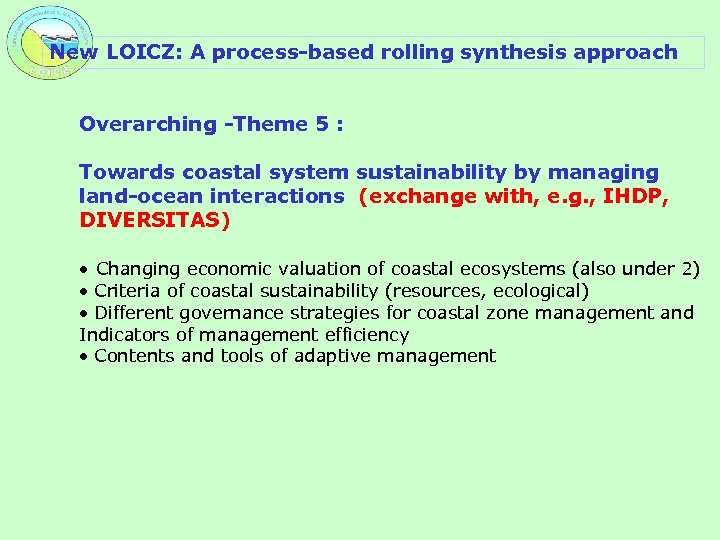 New LOICZ: A process-based rolling synthesis approach Overarching -Theme 5 : Towards coastal system