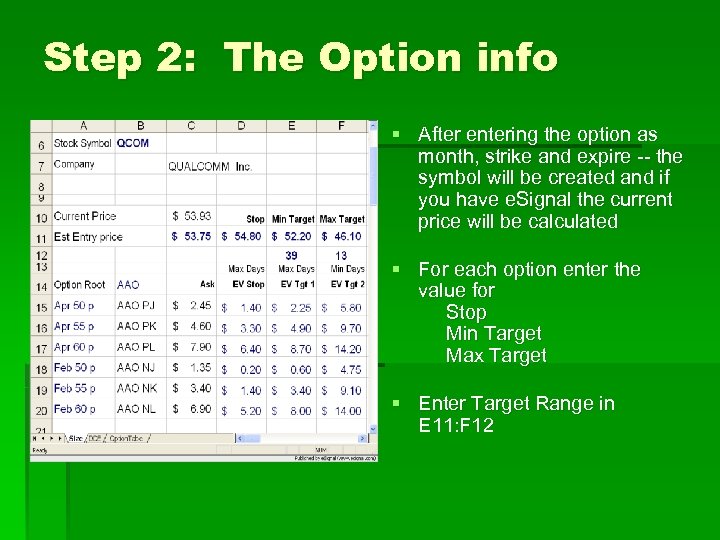 Step 2: The Option info § After entering the option as month, strike and