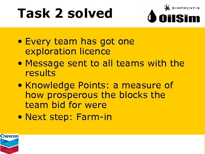 Task 2 solved • Every team has got one exploration licence • Message sent