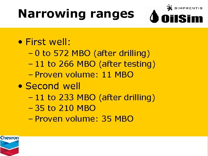 Narrowing ranges • First well: – 0 to 572 MBO (after drilling) – 11