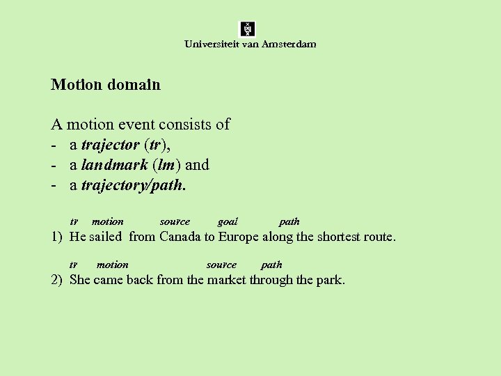 Universiteit van Amsterdam Motion domain A motion event consists of - a trajector (tr),
