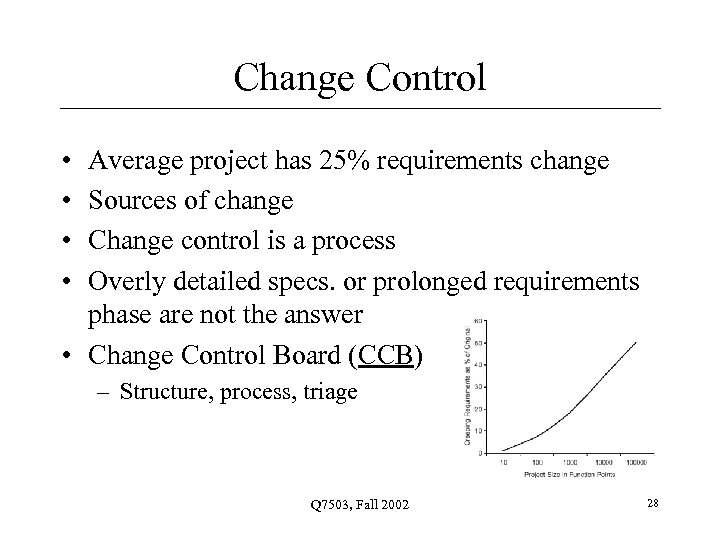 Change Control • • Average project has 25% requirements change Sources of change Change