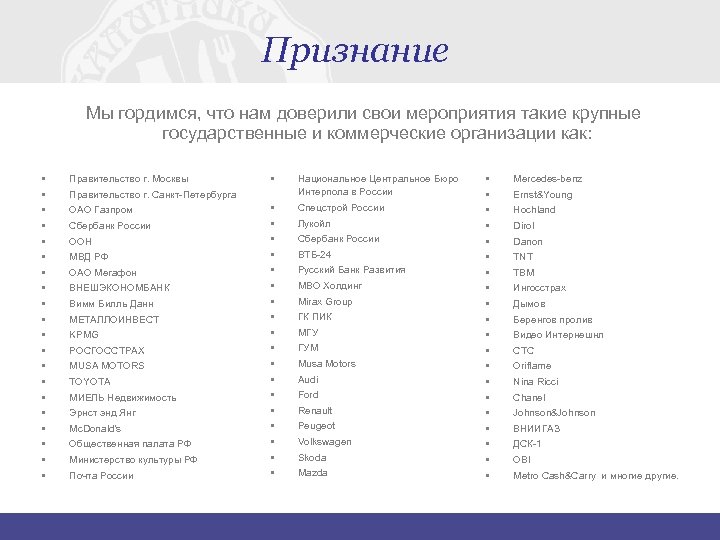 Признание Мы гордимся, что нам доверили свои мероприятия такие крупные государственные и коммерческие организации