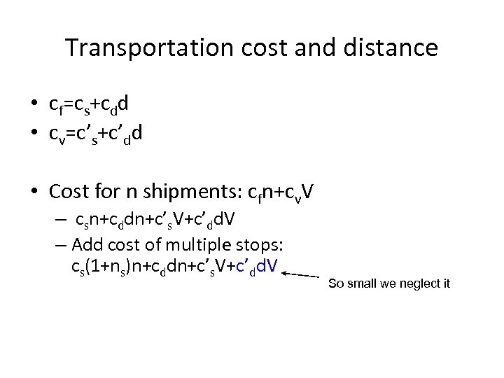 Transportation cost and distance • cf=cs+cdd • cv=c’s+c’dd • Cost for n shipments: cfn+cv.