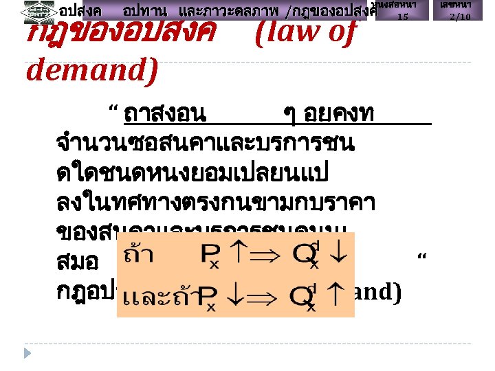 อปสงค หนงสอหนา 15 อปทาน และภาวะดลภาพ /กฎของอปสงค (law of demand) “ ถาสงอน ๆ อยคงท จำนวนซอสนคาและบรการชน