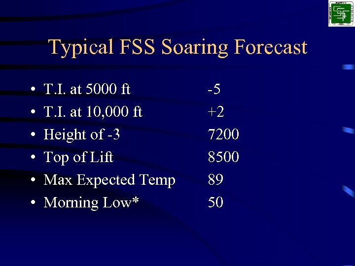 Typical FSS Soaring Forecast • • • T. I. at 5000 ft T. I.